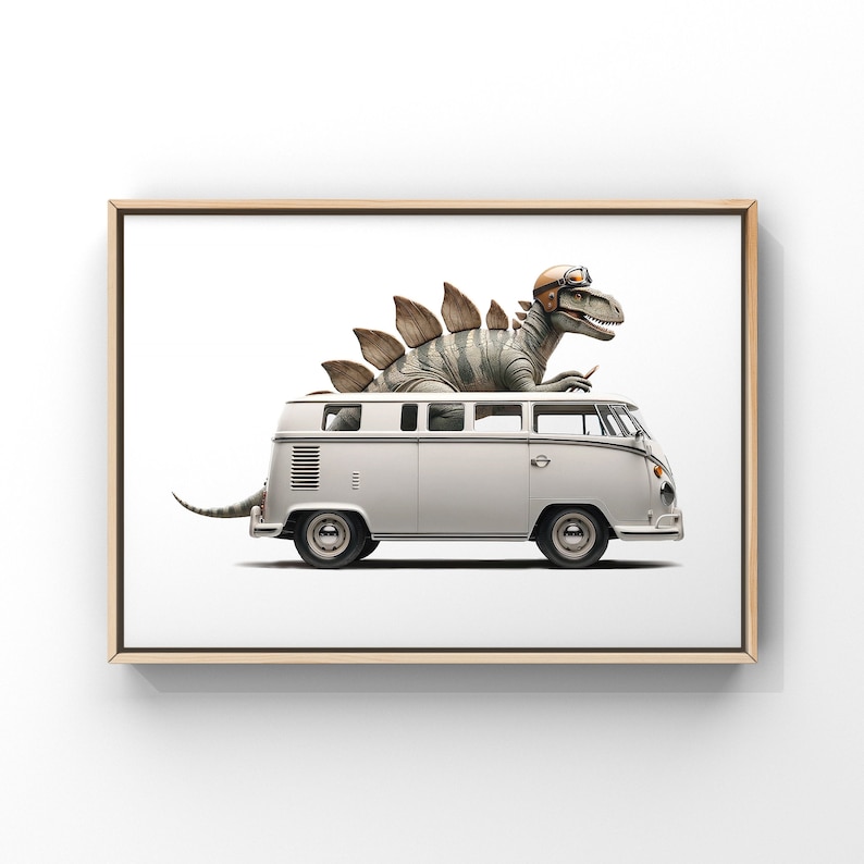 Stegosaraus Driving 1960s White VW Bus, Art Print, Dino Drivin Room Decor, Dinosaur Art, unframed print or canvas image 1