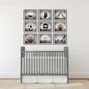 Sports Wall Art, Set of Nine photo prints, Boys Nursery Decor, Rustic sports Decor, Vintage Sports art, Boys Sports room Vintage Grey