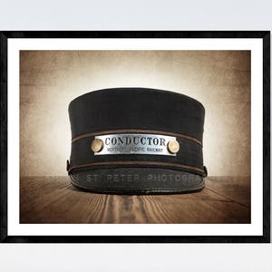 Vintage Train Conductor Hat, One Photo Print, Nursery Decor, Rustic Decor Toy Trains, Baby room ideas, Boys Room Decor, image 1