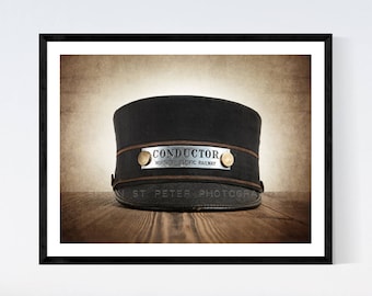 Vintage Train Conductor Hat, One Photo Print, Nursery Decor, Rustic Decor Toy Trains, Baby room ideas, Boys Room Decor,