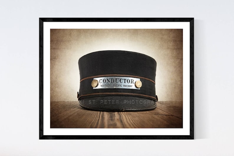 Vintage Train Conductor Hat, One Photo Print, Nursery Decor, Rustic Decor Toy Trains, Baby room ideas, Boys Room Decor, image 1