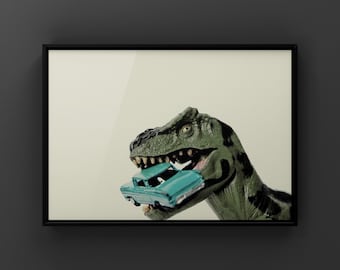 Tyrannosaurus  Car Chomp, Dinosaur, Photo Print, Boys Room Decor, Dinosaur Art, Dino eating car print or canvas