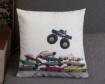 Monster Truck Jumping Cars Pillow