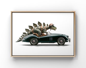 Stegosaraus Driving Vintage Green Jag, Photo Print, Boys Room Decor, Dinosaur Art, unframed print or canvas