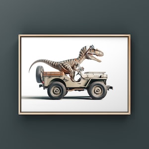Impression d'art vintage 4 x 4 conduite Velociraptor, décoration dinosaure