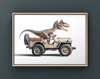 Velociraptor Driving Vintage Jeep Art Print, Dino Room Decor, Dinosaur Art, unframed print or canvas