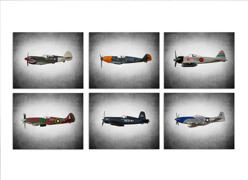 Airplane Art, Vintage WWII Airplanes Set of 6 Canvas Prints, Boys Room Decor, Airplane Wall Art image 3