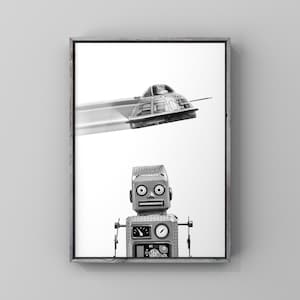 Retro Robot with Flying Saucer Bedroom Wall Art, Canvas or Unframed Print, Retro Robot Print, Outer space decor, Kids Space Room art