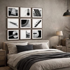 Vintage Acoustic Guitar Canvas Print Set of 9, Black and White Music Decor image 1