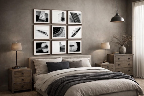 Vintage Acoustic Guitar Canvas Print Set of 9, Black and White Music Decor