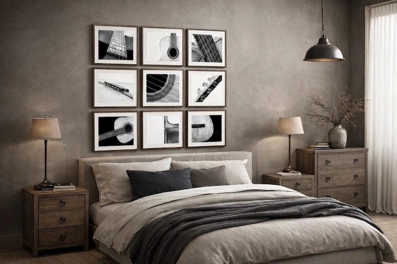 Vintage Acoustic Guitar Canvas Print Set of 9, Black and White Music Decor image 1