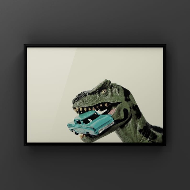 Tyrannosaurus Car Chomp, Dinosaur, Photo Print, Boys Room Decor, Dinosaur Art, Dino eating car print or canvas immagine 1