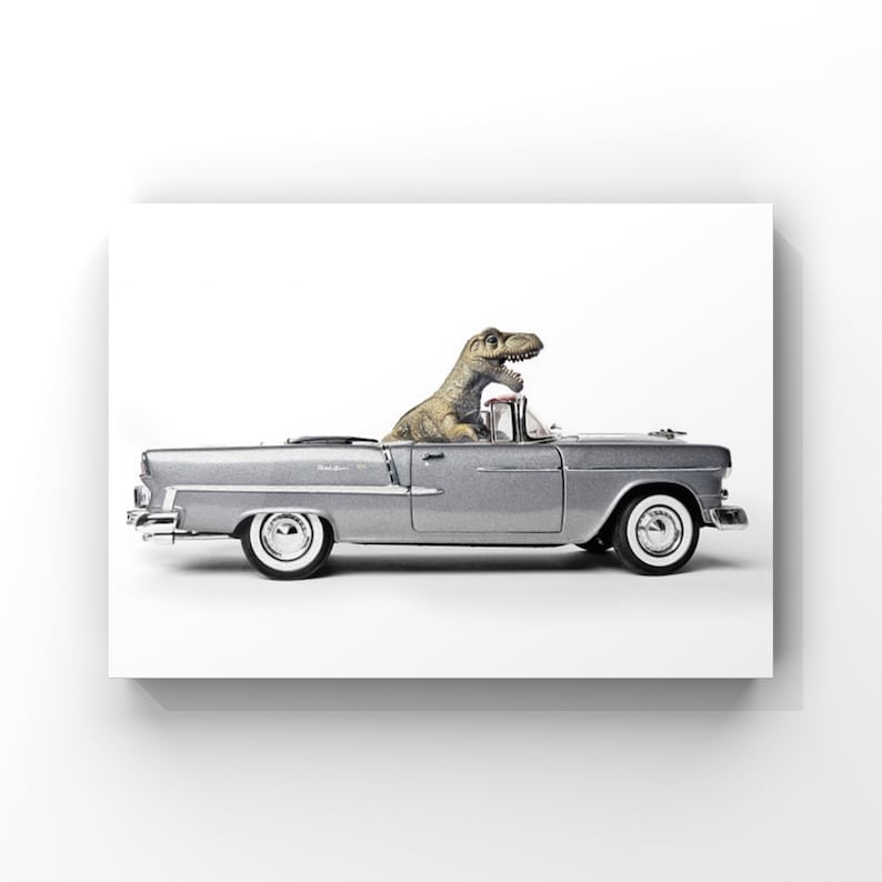 Tyrannosaurus Driving 55 Chevy Bel Air convertible, Photo Print, Boys Room Decor, Dinosaur Art, unframed print or canvas image 8