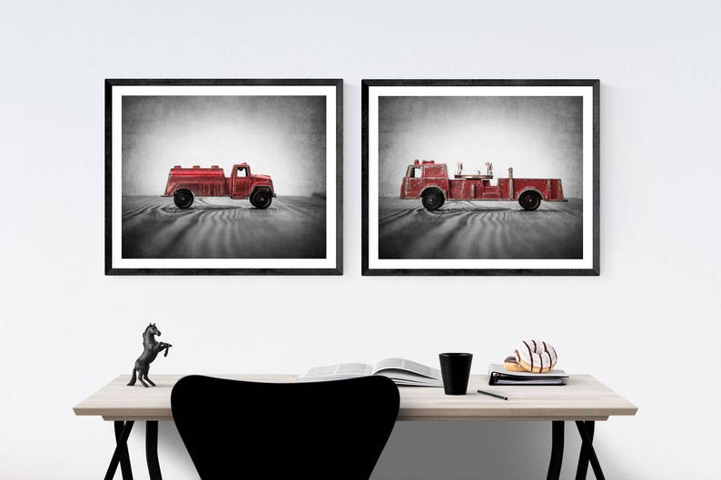 Firetruck Wall art set, Vintage Fireman Watering Truck and Fire Engine on Wood Set of Two Photo Prints, Boys Room decor, Boys Nursery Art Vintage Grey