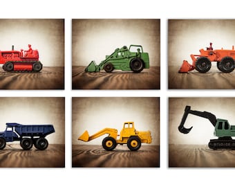 Set of SIX Primary color Construction Digger Photo  Prints, BullDozer, Dumptruck, Digger, Tractors on Wood, Boys Room decor, Consts