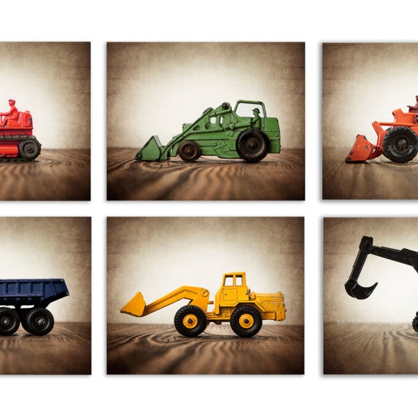 Set of SIX Primary color Construction Digger Photo  Prints, BullDozer, Dumptruck, Digger, Tractors on Wood, Boys Room decor, Consts