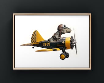 Dino Flying Vintage 1931 Yellow and Black Gee Bee Z Airplane Art Print, Dino Room Decor, Dinosaur Art, unframed print or canvas