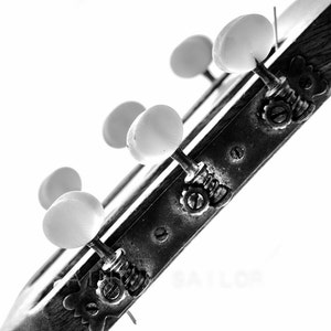 May include: Close-up of the tuning pegs on an acoustic guitar. The pegs are made of metal and have a worn, vintage look. The guitar is in black and white.
