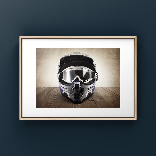 Vintage Motocross Helmet and Goggles, Wall Decor, Wall Art,  Kids Room, Gift Ideas, Motorcycle Prints