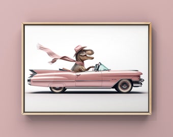 Cowgirl Dino Driving  1950s Pink Cadillac, Photo Print, Coquette Girl Room, Girly Aesthetic, Dinosaur Art, unframed print or canvas