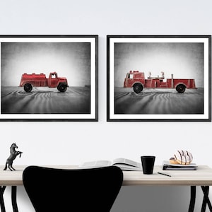 Vintage Toy Firetruck on Barn wood Photo Print, Rustic Decor, Boys Nursery, Red themed, Fireman room