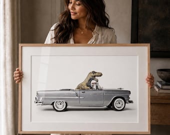 Dinosaur in 55 Chevy Bel Air Convertible, Boys Room Photo Print