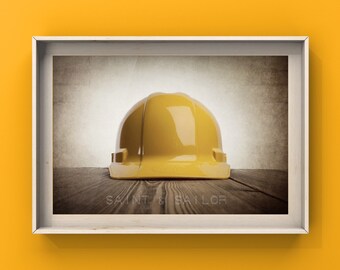 Yellow Hardhat Photo Print, from the Vintage Carpenter Tools Collection, Boys Wall Art, Boys Room Decor, Rustic Decor