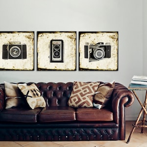Set of Three Square Canvases Ready to Hang, Vintage Camera Prints, Office Decor, Wall art, Vintage Camera Decor