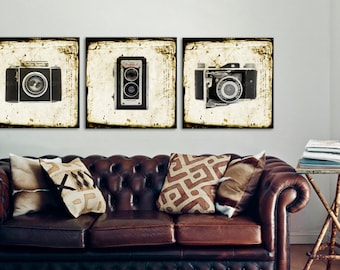 Set of Three Square Canvases Ready to Hang, Vintage Camera Prints, Office Decor, Wall art, Vintage Camera Decor