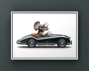 Tri Ceratops Driving Vintage Jaguar, Photo Print, Boys Room Decor, Dinosaur Art, unframed print or canvas