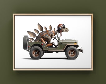 Stegosaurus Driving Vintage Jeep Art Print, Dino Room Decor, Dinosaur Art, unframed print or canvas