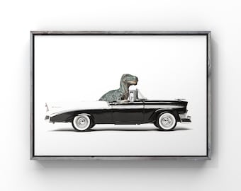 May include: A black and white vintage convertible car with a green dinosaur driving. The dinosaur is looking straight ahead.