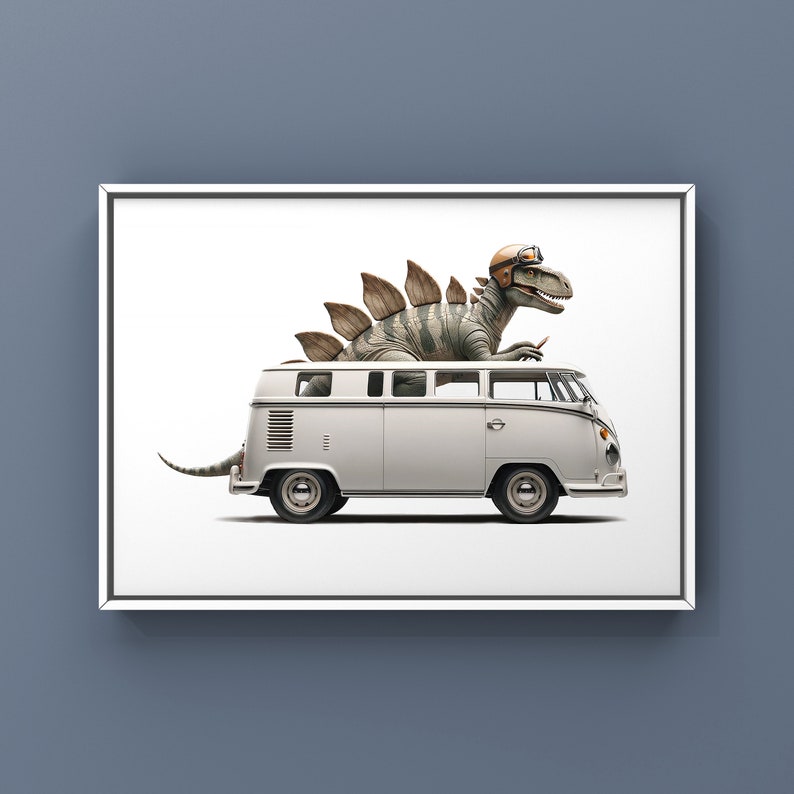 Stegosaraus Driving 1960s White VW Bus, Art Print, Dino Drivin Room Decor, Dinosaur Art, unframed print or canvas image 5