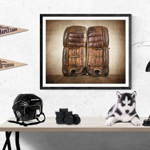 Vintage Hockey Goalie Leg Pads Photo Photo art Print, Boys Room decor, Boys Nursery Ideas, Sports art, Sport Prints, Man Cav image 1