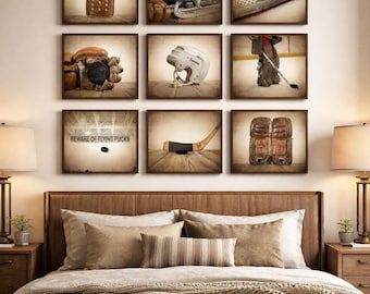 Vintage Hockey Photo Art: Stretched Canvas Prints, Set of 9