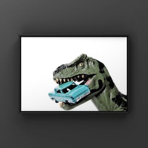 Tyrannosaurus Car Chomp, Dinosaur, Photo Print, Boys Room Decor, Dinosaur Art, Dino eating car print or canvas immagine 2