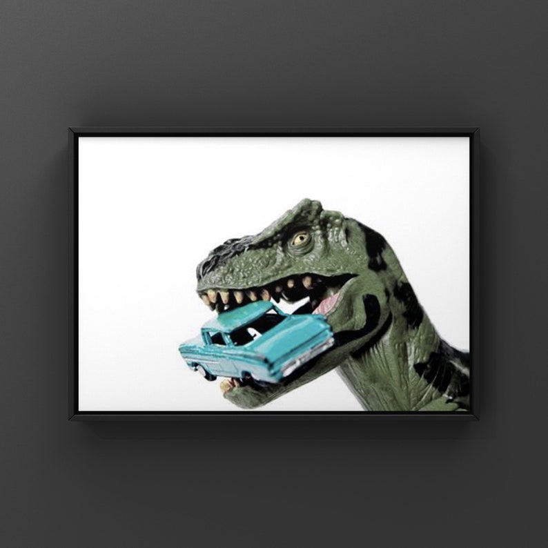 Tyrannosaurus Car Chomp, Dinosaur, Photo Print, Boys Room Decor, Dinosaur Art, Dino eating car print or canvas image 2