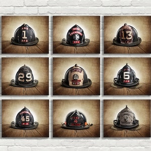 Vintage Fireman Helmets, Print Set of Nine Photo prints, Fireman Gifts image 1