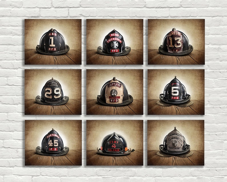 Vintage Fireman Helmets, Print Set of Nine Photo prints, Fireman Gifts image 1