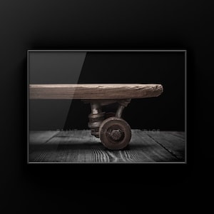 Skateboard prints, Vintage Wooden Skateboard Close up on Classic Black Photo Print, skate art