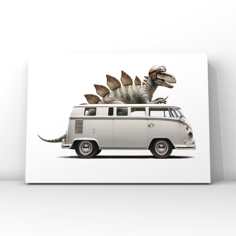 Stegosaraus Driving 1960s White VW Bus, Art Print, Dino Drivin Room Decor, Dinosaur Art, unframed print or canvas image 6