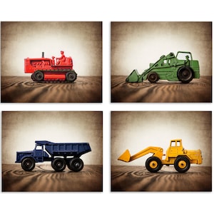 Set of Four Construction Digger Photo Prints in Primary Colors on Wood, Boys Room decor, Construction Trucks