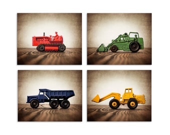 Set of Four Construction Digger Photo Prints in Primary Colors on Wood, Boys Room decor, Construction Trucks
