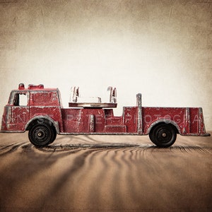 Firetruck Wall art set, Vintage Fireman Watering Truck and Fire Engine on Wood Set of Two Photo Prints, Boys Room decor, Boys Nursery Art image 5