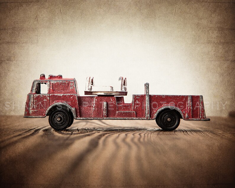 Firetruck Wall art set, Vintage Fireman Watering Truck and Fire Engine on Wood Set of Two Photo Prints, Boys Room decor, Boys Nursery Art image 5