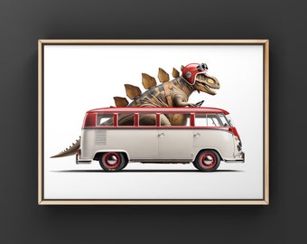 Stegosaraus conduciendo un autobús VW bronceado y verde o rojo y blanco de la década de 1960, impresión de arte, decoración de la habitación Dino Drivin, arte de dinosaurios, impresión o lienzo sin marco