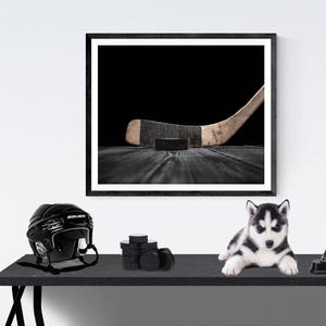 Vintage Hockey Stick and Puck on Classic Black  Photo Print, Sports Decor, Vintage Hockey and Puck,