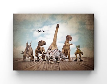 Dinosaurs on the Run Photo Print, Vintage Sky, Boys Room Decor