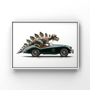 Stegosaurus Driving Green Jaguar, Dinosaur Art Print or Canvas