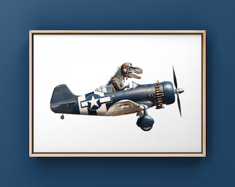 Dino volant vintage bleu WWII F4 Corsair avion impression d'art, décoration de chambre dinosaure, art dinosaure, impression sans cadre ou toile